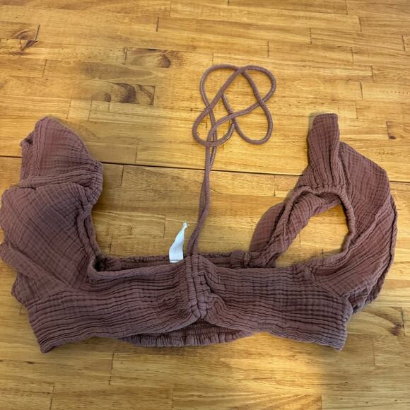 Anthropologie Daily Practice The Jerry Cinched Halter Ruffe Crop Top Brown Small - Picture 2 of 5